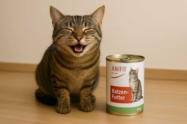 glückliche Katze mit Anifit Katzenfutter Dose